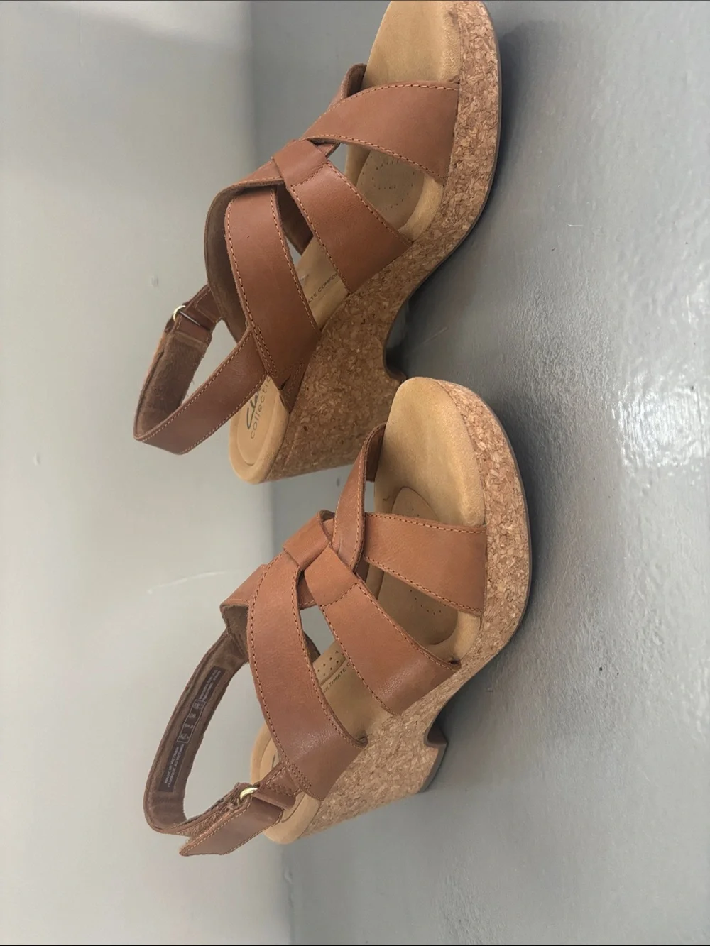 Clarks Tan Leather Crisscross Wedge Sandals